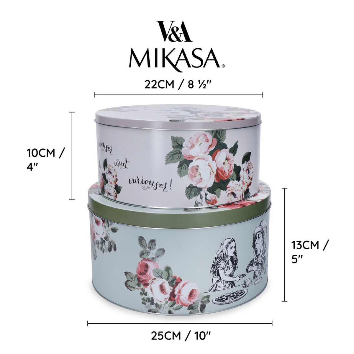 Two differently-sized Mikasa and V&A Alice In Wonderland Cake Tins with secure lids, ideal for storing baked goods.