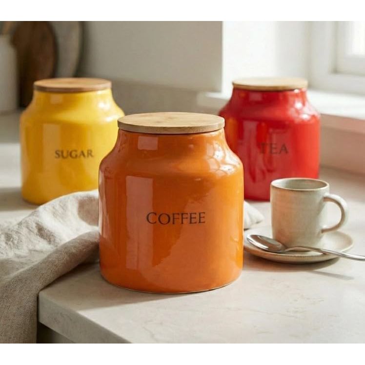 Tomato Ceramic Tea, Coffee and Sugar Canister Set, multicolour collection perfect for organized countertops and cheerful kitchen aesthetics.