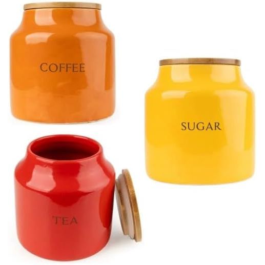 Tomato Ceramic Tea, Coffee and Sugar Canister Set with Bamboo Lid, vibrant multicolour design, perfect for organizing your kitchen essentials.