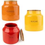 Tomato Ceramic Tea, Coffee and Sugar Canister Set with Bamboo Lid, vibrant multicolour design, perfect for organizing your kitchen essentials.