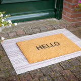 Close-up view of the Hello Coir Mat showcasing its natural coir fiber texture, ideal for keeping your entrance clean.