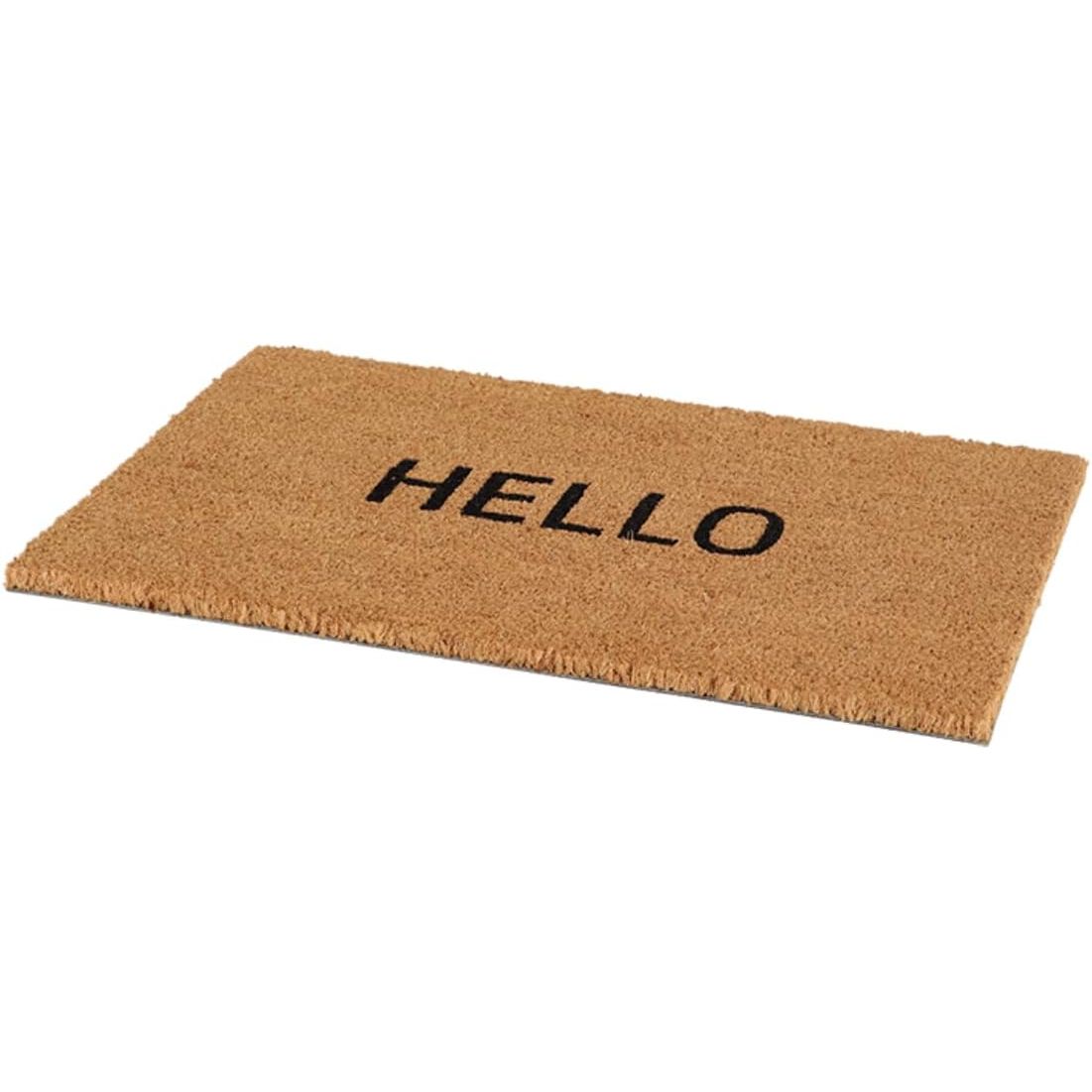 Dimensions of the Hello Coir Mat Non-Slip Door Mat displayed, made from eco-friendly natural coir material.