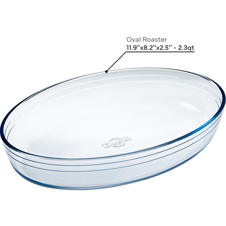 Transparent Ôcuisine Oval Glass Baking & Roasting Dish 30x21cm shown with dimensions clearly marked, perfect for showcasing its versatility as an oval glass baking dish.
