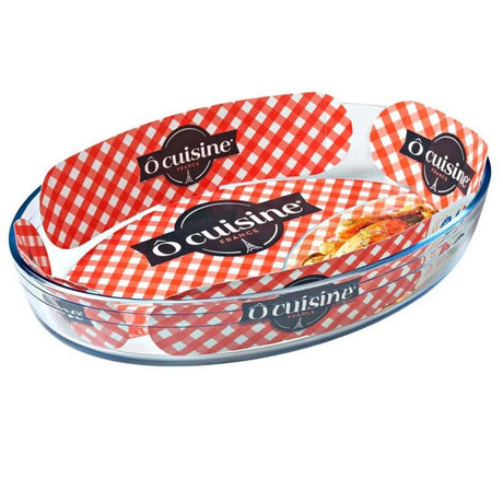 Ôcuisine Oval Glass Baking & Roasting Dish 30x21cm displayed with a colourful checkered pattern, highlighting its design as an essential oval glass baking dish.