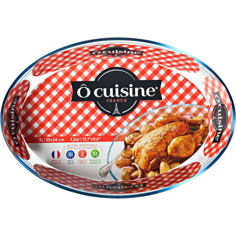 Ôcuisine Oval Glass Baking & Roasting Dish 35x24x6cm shown with a delicious roasted chicken and potatoes, perfect for family meals. Ideal oval glass baking dish for all your culinary adventures.