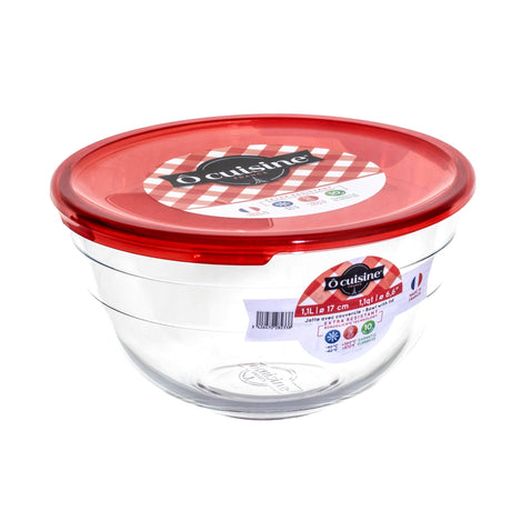 Ôcuisine® Borosilicate Glass Mixing Bowl Set of 2 (1L & 2L) with Red Lids - Durable & Stackable - Home Deco London