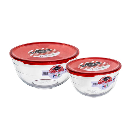 Ôcuisine® Borosilicate Glass Mixing Bowl Set of 2 (1L & 2L) with Red Lids - Durable & Stackable - Home Deco London