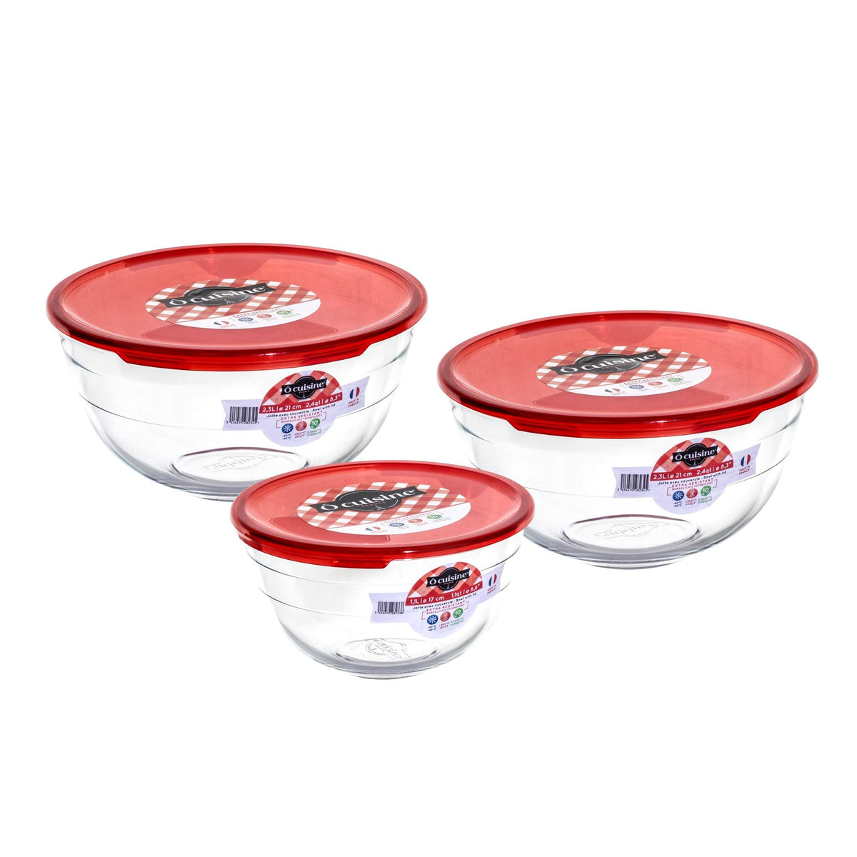 Ôcuisine® Set of 3 Glass Mixing Bowls with Red Lids - 1L & 2 x 2L - Home Deco London