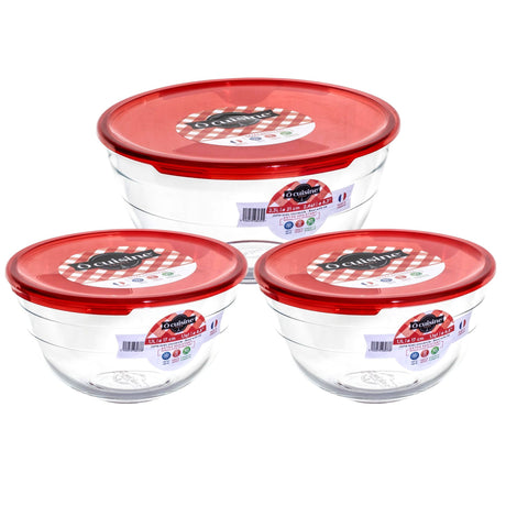 Ôcuisine® Set of 3 Glass Bowls with Red Lids - 2 x 1L & 2L - Home Deco London