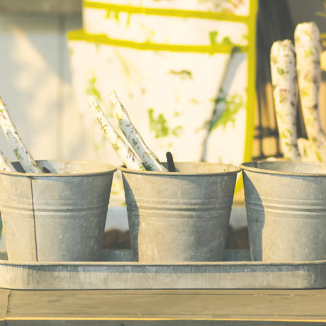 Stylish old zinc herb pots on tray, ideal for planting herbs and plants.