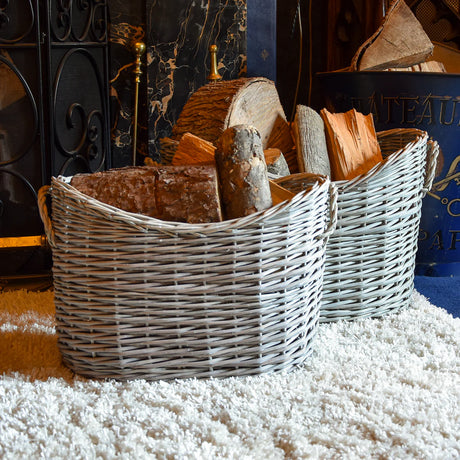 Wicker Baskets in Grey Wash Set of 2 Oval - Home Deco London