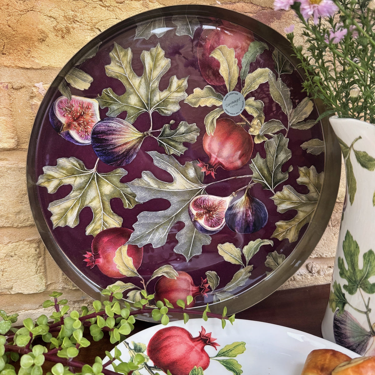 Gold Metal Round Tray Fig & Pomegranate Design