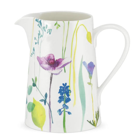 Portmeirion Water Garden Jug/Pitcher, a porcelain water jug featuring beautiful watercolour florals in pastel tones.