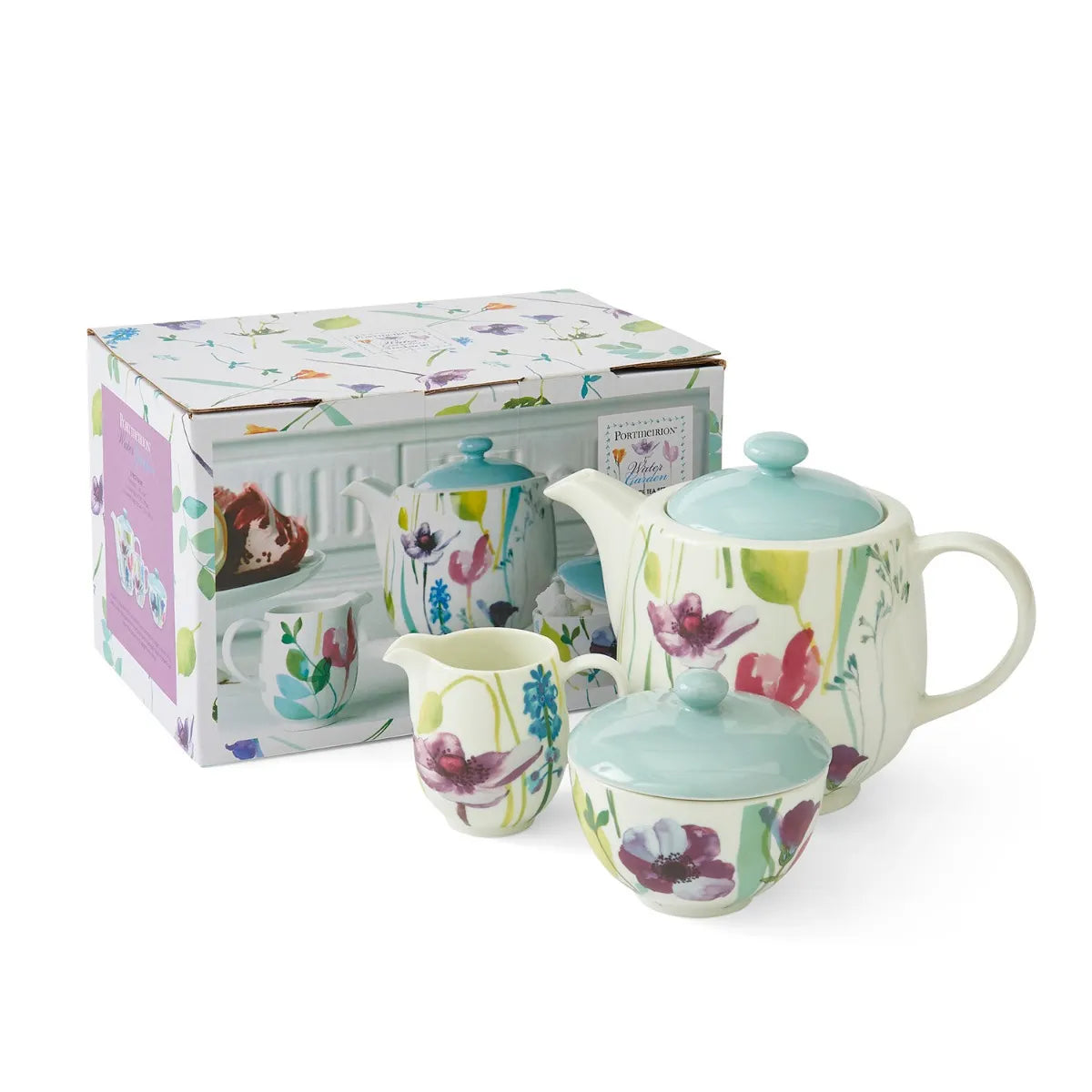 Close-up of Portmeirion Water Garden teapot from the 3 Piece Teapot Set, ideal for serving tea in style during afternoon tea.