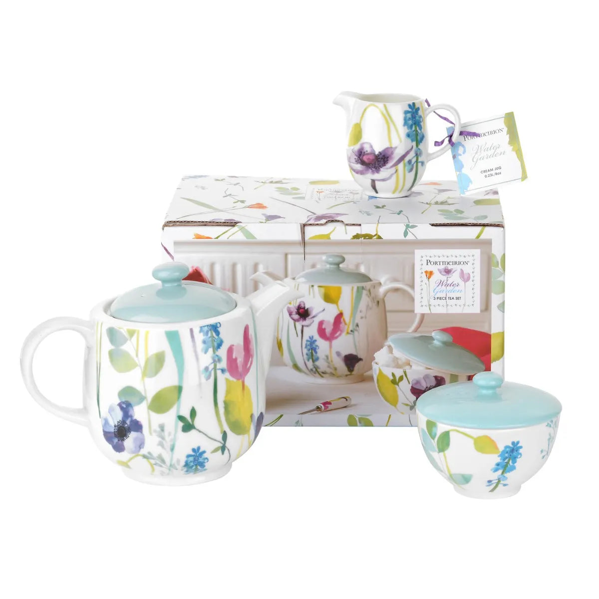 Portmeirion Water Garden 3 Piece Teapot Set including a sugar bowl and cream jug, a charming addition for your afternoon tea.