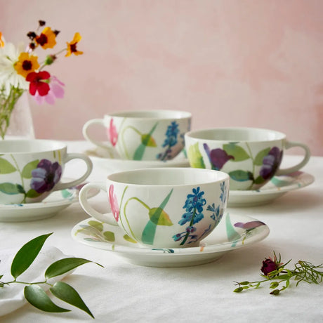 Elegant Portmeirion Water Garden breakfast cup and saucer set highlighting its pastel shades perfect for morning tea.