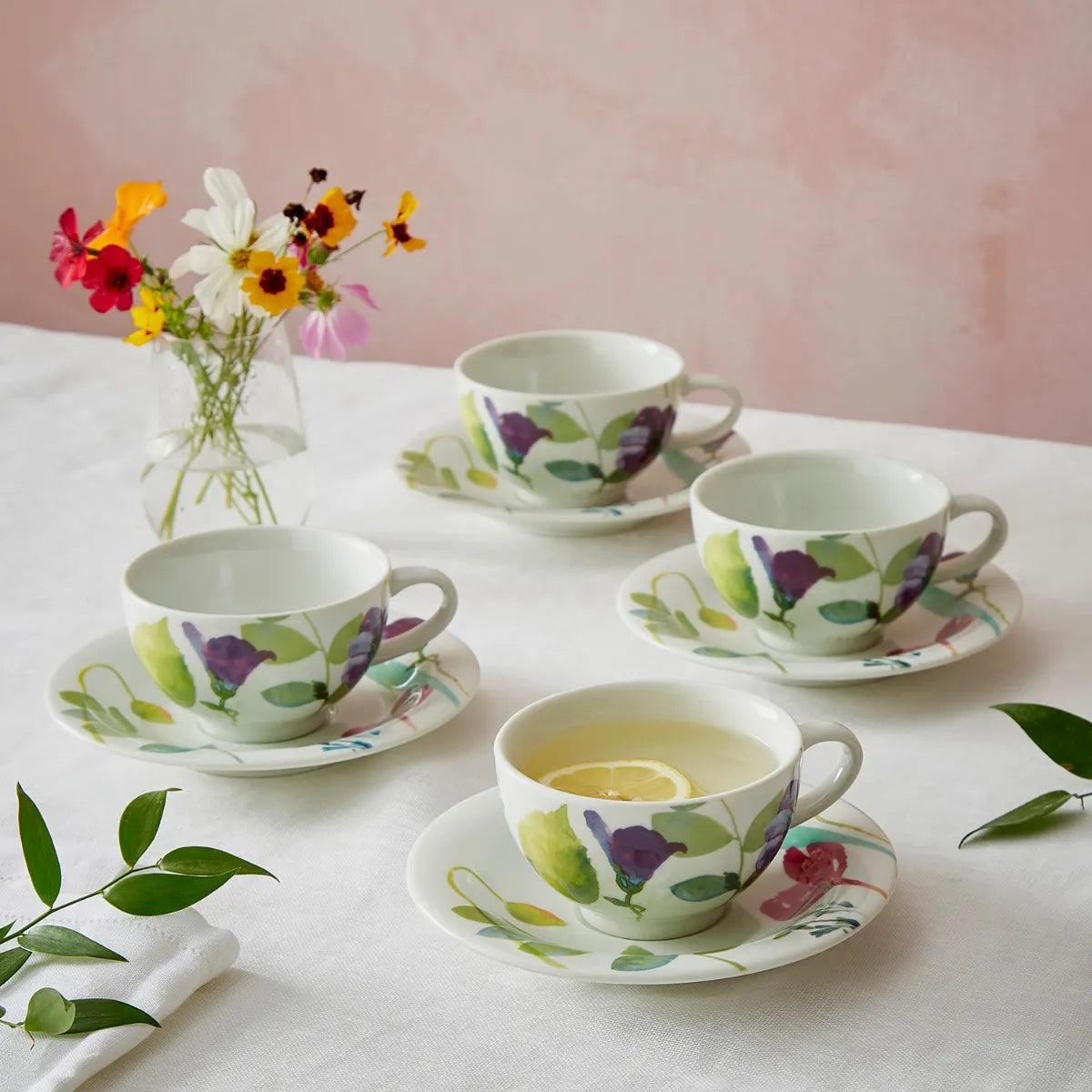 Set of 4 Portmeirion Water Garden breakfast cup and saucer set featuring beautifully shaped handles and floral patterns.
