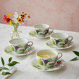 Set of 4 Portmeirion Water Garden breakfast cup and saucer set featuring beautifully shaped handles and floral patterns.