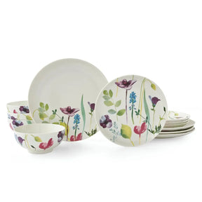 Portmeirion Water Garden 12 Piece Dinner Set featuring vibrant floral designs on white porcelain, perfect for a stylish dining experience with a floral dinner set.