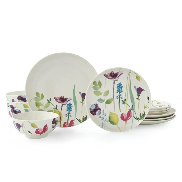 Portmeirion Water Garden 12 Piece Dinner Set featuring vibrant floral designs on white porcelain, perfect for a stylish dining experience with a floral dinner set.