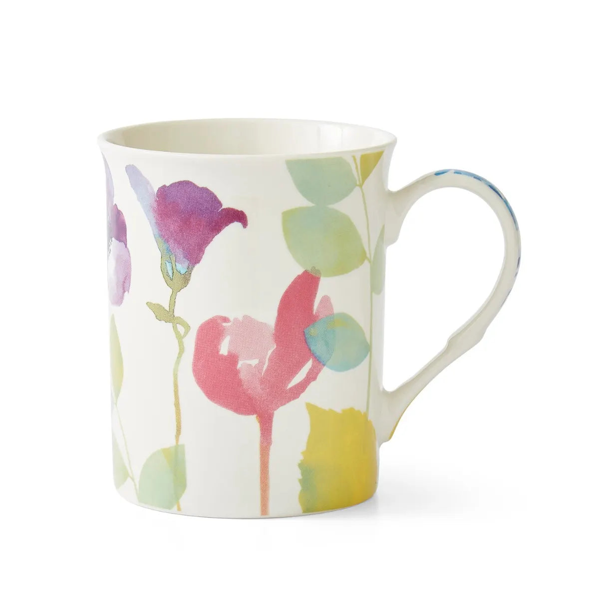 Charming Portmeirion Water Garden Set of 4 Mugs featuring bright floral illustrations in pink, blue, and purple, perfect for any occasion as delightful water garden mugs.