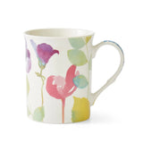 Charming Portmeirion Water Garden Set of 4 Mugs featuring bright floral illustrations in pink, blue, and purple, perfect for any occasion as delightful water garden mugs.