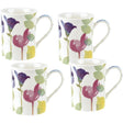 Portmeirion Water Garden Set of 4 Mugs featuring vibrant pink, blue, and purple floral designs, perfect for tea and coffee lovers seeking stylish water garden mugs.
