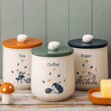 Close-up of the Price & Kensington Ceramic Coffee Jar Woodland featuring text detail and vibrant colours, ideal for coffee storage.