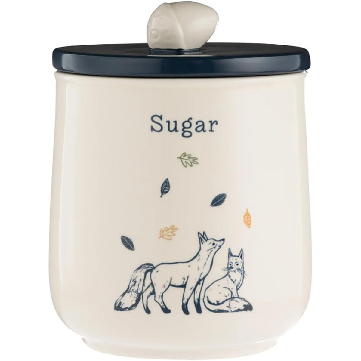 Brightly coloured lid of the Price & Kensington Ceramic Sugar Canister, adorned with a novelty acorn handle for easy access.
