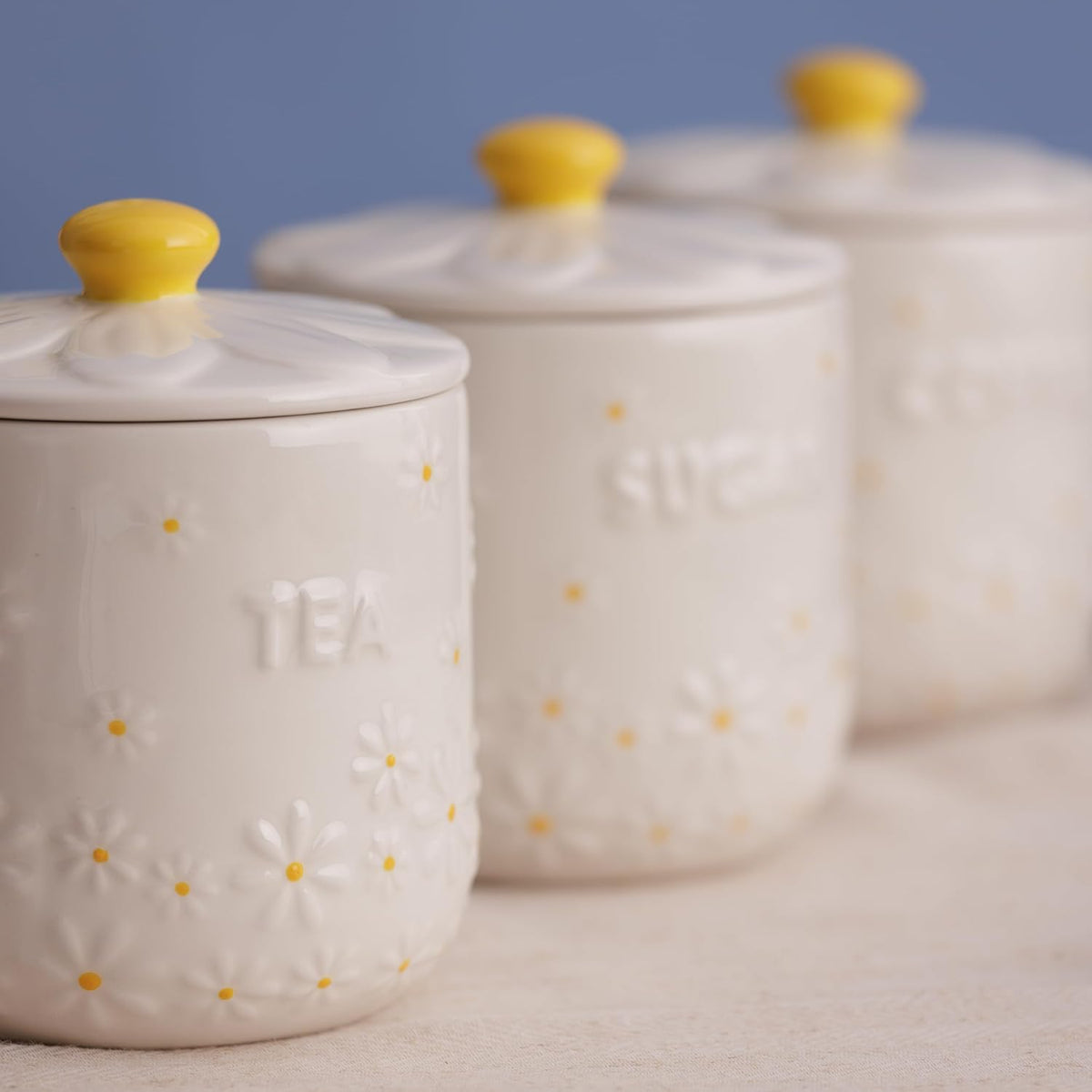 Price & Kensington Daisy Coffee Storage Jar in a kitchen setting, highlighting its use as an elegant airtight coffee storage jar.