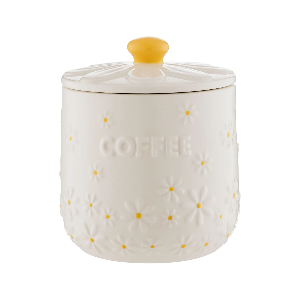 Price & Kensington Daisy Airtight Coffee Storage Jar featuring a charming floral design and embossed daisy lid, perfect for keeping coffee fresh and stylish on your countertop.