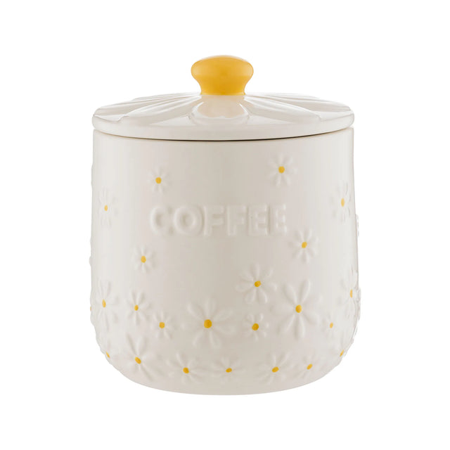 Price & Kensington Daisy Airtight Coffee Storage Jar featuring a charming floral design and embossed daisy lid, perfect for keeping coffee fresh and stylish on your countertop.