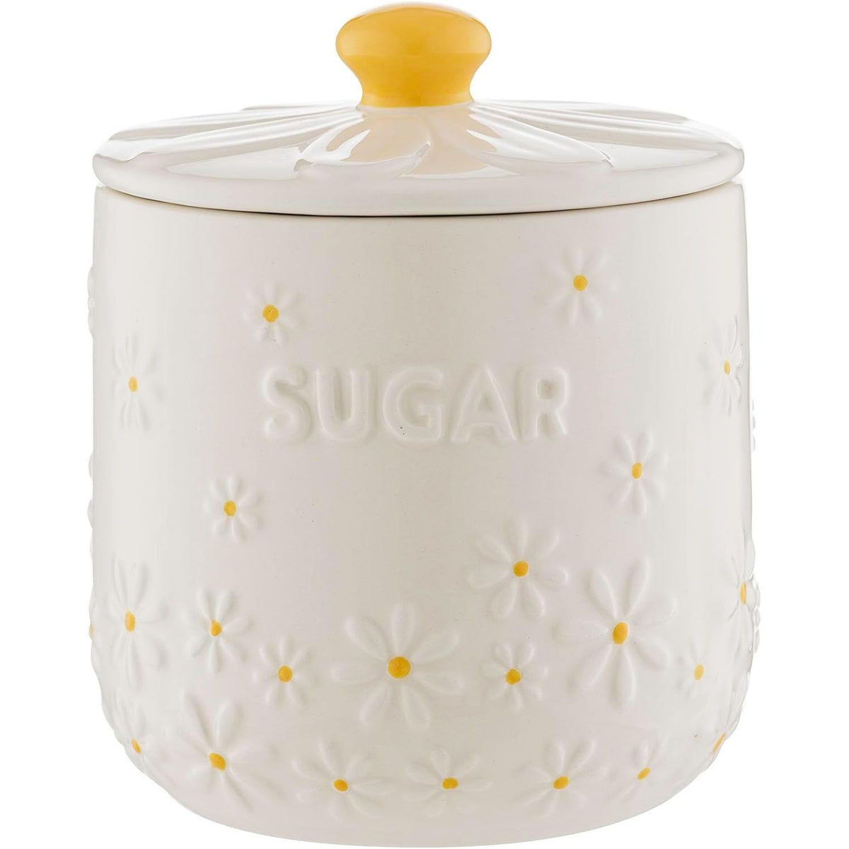 Price & Kensington Daisy Sugar Storage Jar featuring an embossed daisy lid; a charming airtight ceramic canister for storing sugar in style.