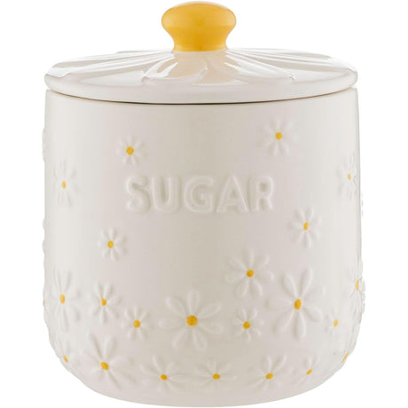 Price & Kensington Daisy Sugar Storage Jar featuring an embossed daisy lid; a charming airtight ceramic canister for storing sugar in style.