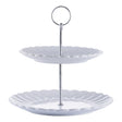Price & Kensington Luxe 2 Tier Cake Stand White displayed elegantly with treats, perfect for tea parties. A stylish two tier cake stand made from durable stoneware.