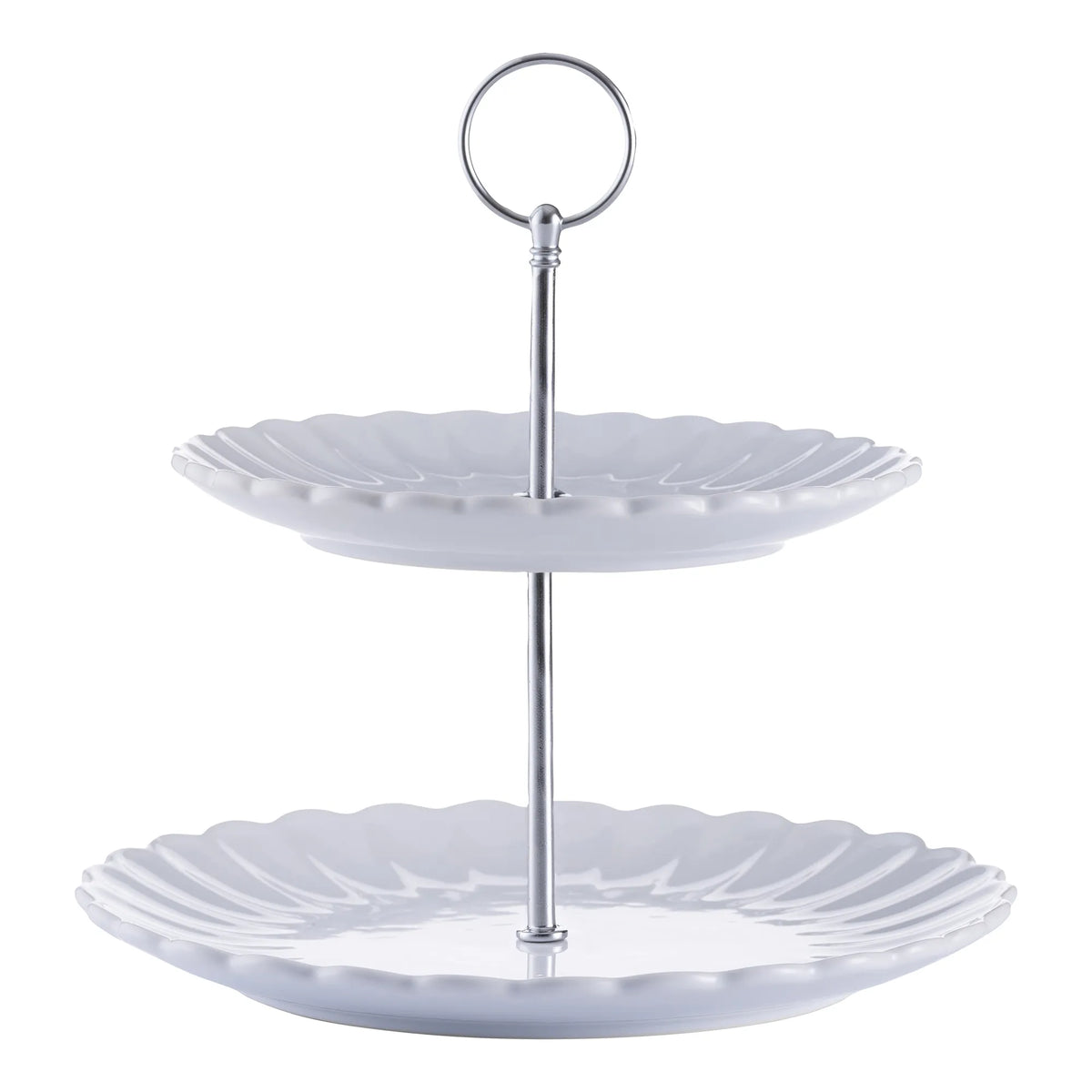 Price & Kensington Luxe 2 Tier Cake Stand White displayed elegantly with treats, perfect for tea parties. A stylish two tier cake stand made from durable stoneware.