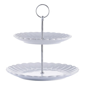 Price & Kensington Luxe 2 Tier Cake Stand White displayed elegantly with treats, perfect for tea parties. A stylish two tier cake stand made from durable stoneware.