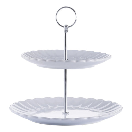 Price & Kensington Luxe 2 Tier Cake Stand White displayed elegantly with treats, perfect for tea parties. A stylish two tier cake stand made from durable stoneware.