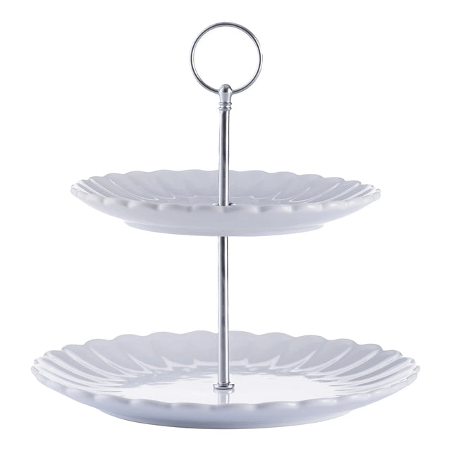 Price & Kensington Luxe 2 Tier Cake Stand White displayed elegantly with treats, perfect for tea parties. A stylish two tier cake stand made from durable stoneware.