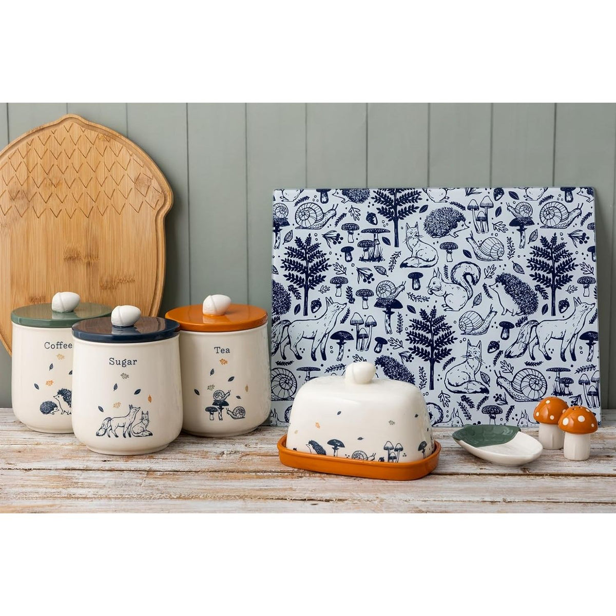 Set of Price & Kensington Woodland airtight storage jars showcasing intricate woodland patterns, ideal for keeping contents fresh.