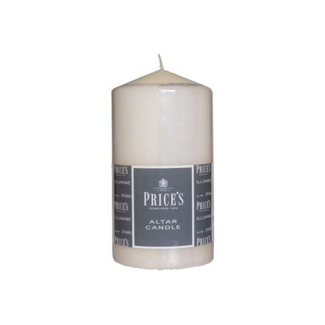 Close-up view of Price's Candles 80x150mm Altar Candle Ivory showcasing its smokeless and non-drip qualities, a great choice for altar candles unscented.