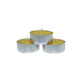 Close-up of Price's Candles Citronella Tealights Pack of 50, showcasing the bright yellow colour of these citronella candle tealights perfect for dining outdoors.