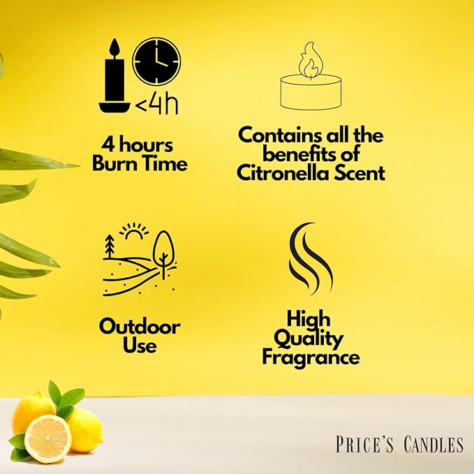 Price's Candles Citronella Tealights Pack of 50 displayed in a garden setting, great for creating atmosphere with citronella candle tealights.