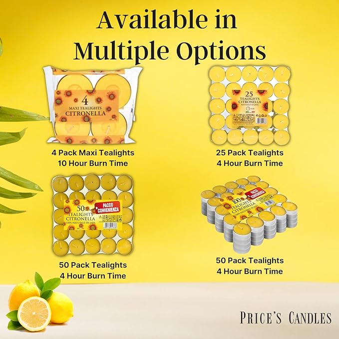 A pack of Price's Candles Citronella Tealights Pack of 50, emphasizing their function to repel insects during summer nights with citronella candle tealights.