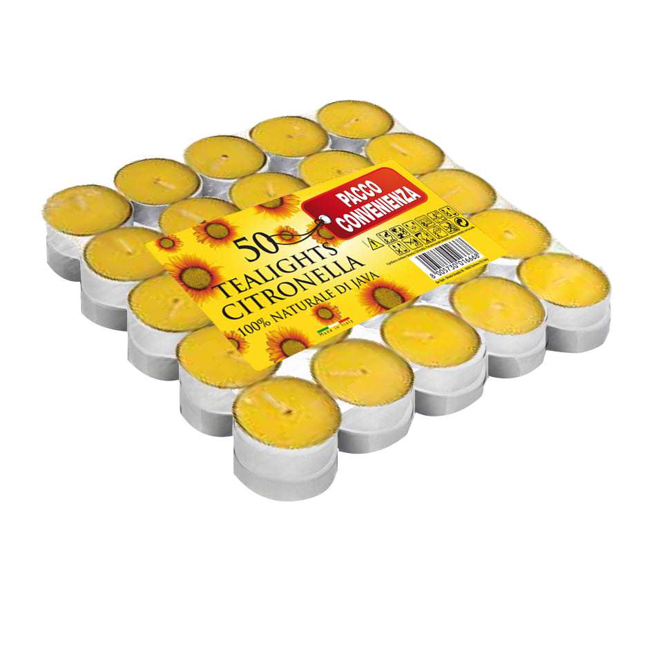 Price's Candles Citronella Tealights Pack of 50, ideal for outdoor use, enhancing summer evenings with fragrant citronella candle tealights.