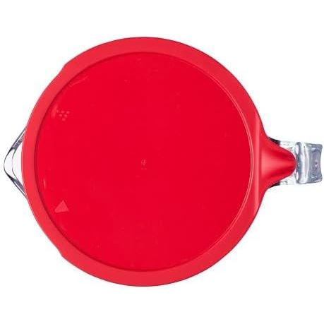 Top view of the Pyrex Classic Glass 1L Jug With Lid - showcasing the red lid of this handy glass measuring jug.