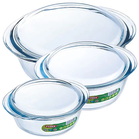 Pyrex Casserole Dishes - 3 Piece Set Clear Glass Set with Lids - Home Deco London
