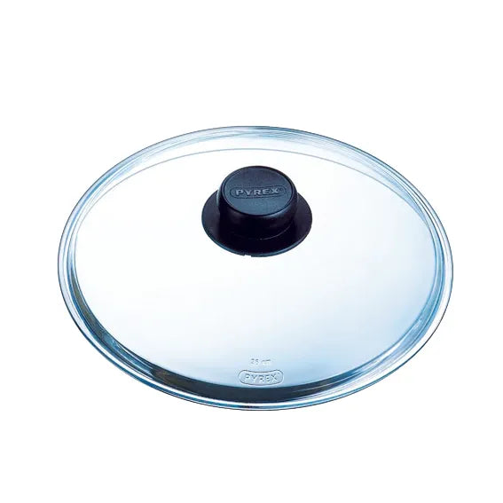 Stylish Pyrex 26cm glass lid showcasing its practical stay-cool Phenolic plastic knob.
