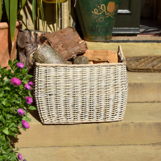 Rectangular log basket elegantly styled in grey, perfect for organizing firewood.