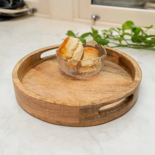 30cm Round tray plain mango wood - Natural finish, showcasing the unique grain of a mango wood serving tray.